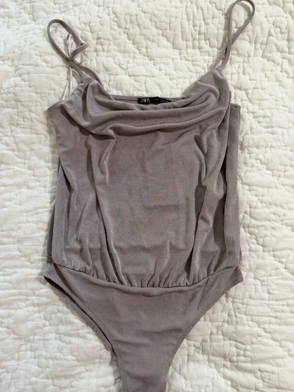 ZARA Shimmery Taupe Grey Cowl Neck Bodysuit